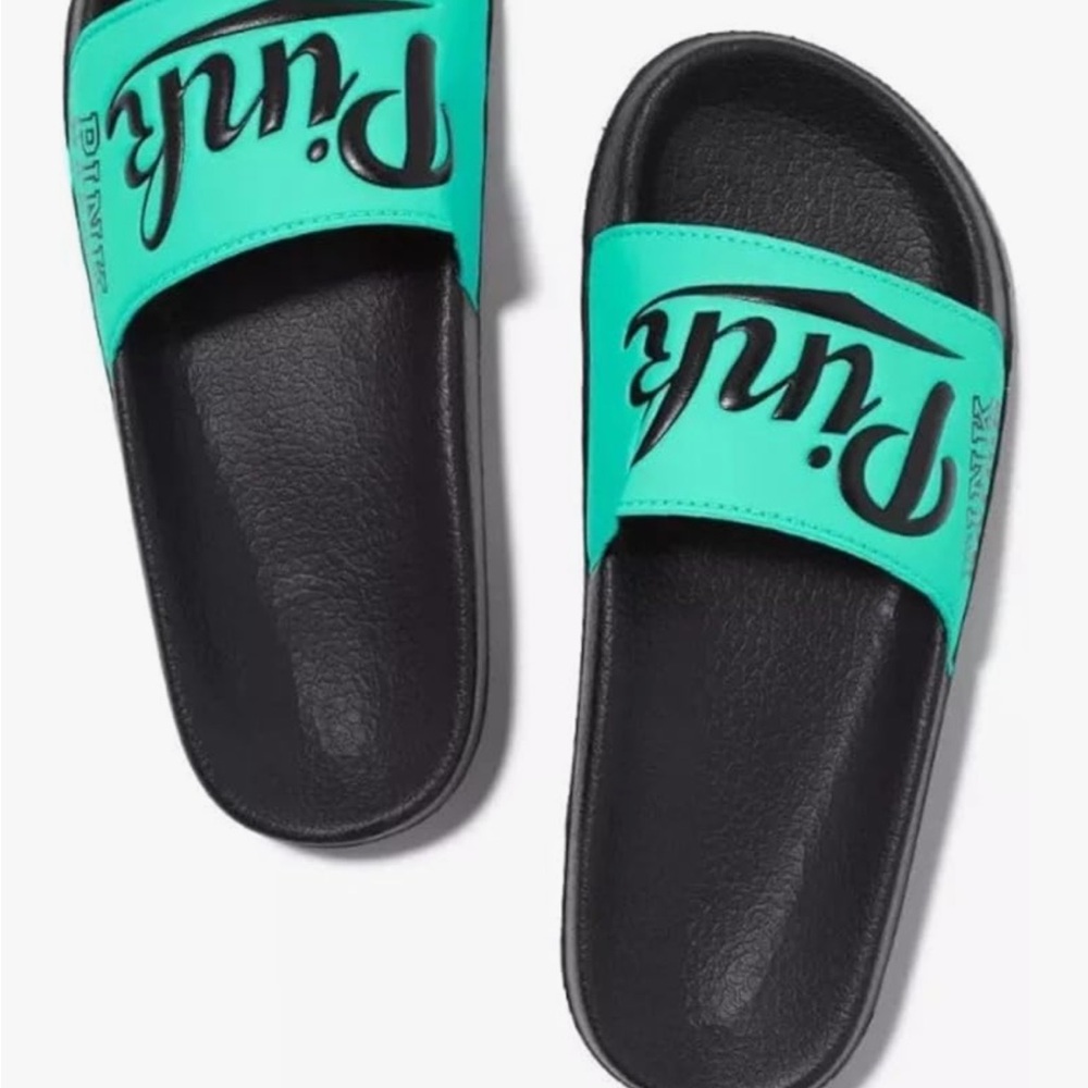 Victoria’s Secret Pink Nation Black and Teal Slides sz m 8/8.5